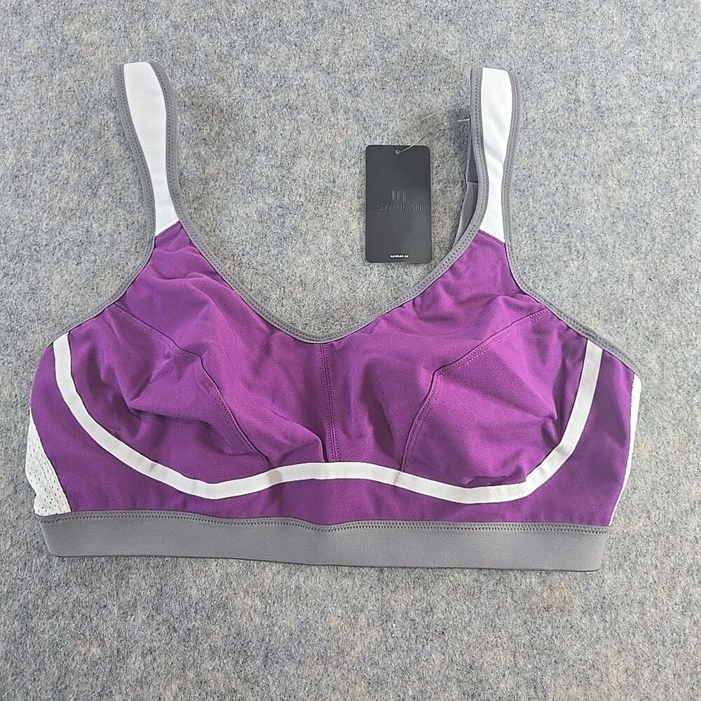 Syrokan Sports Bra Plus Sz 44D Wireless Medium Impact Workout Purple White Gray